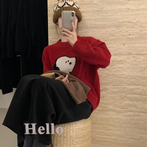 Korean version of Kundongdaemun fashion jacquard Snoopy round neck pullover sweater for women autumn and winter cartoon dog loose sweater