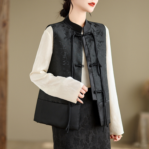 New Chinese style black jacquard vest jacket for women spring and autumn tassel buckle waistcoat top