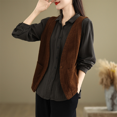 Solid color V-neck corduroy vest for women new 2024 autumn new suit vest jacket