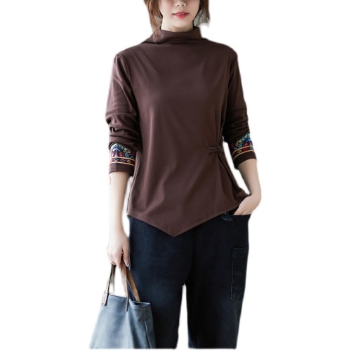 2024 Autumn Retro Embroidered Disc Button Stretch Cotton Long Sleeve Bottoming Shirt Loose Large Size T-Shirt