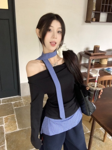 Real Shot Korean Version Slimming Design One-Shoulder Sexy Girl Plaid Spliced Long-Sleeved T-Shirt Underwear 