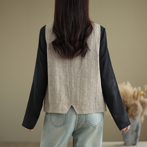 Japanese retro dirty dyed v-neck cotton and linen vest for women 2024 new khaki stacked vest