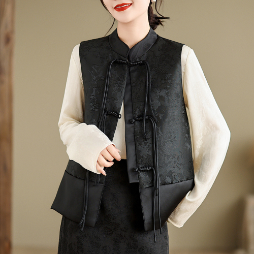 New Chinese style black jacquard vest jacket for women spring and autumn tassel buckle waistcoat top