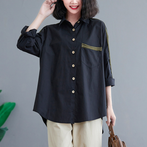 Contrast color piping cotton shirt for women, large size autumn loose casual polo collar shirt