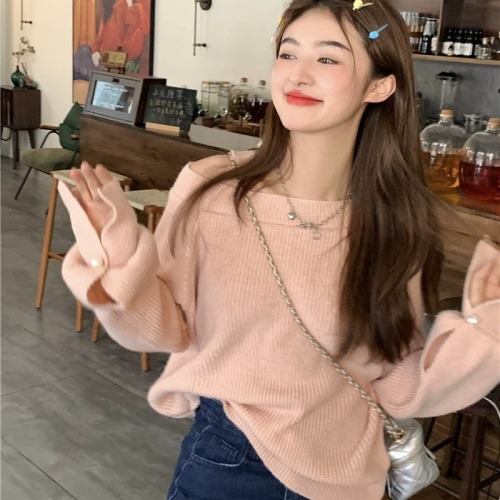 Sheep velvet design niche off-shoulder sweater for women autumn and winter warm and soft waxy loose knitted sweater top