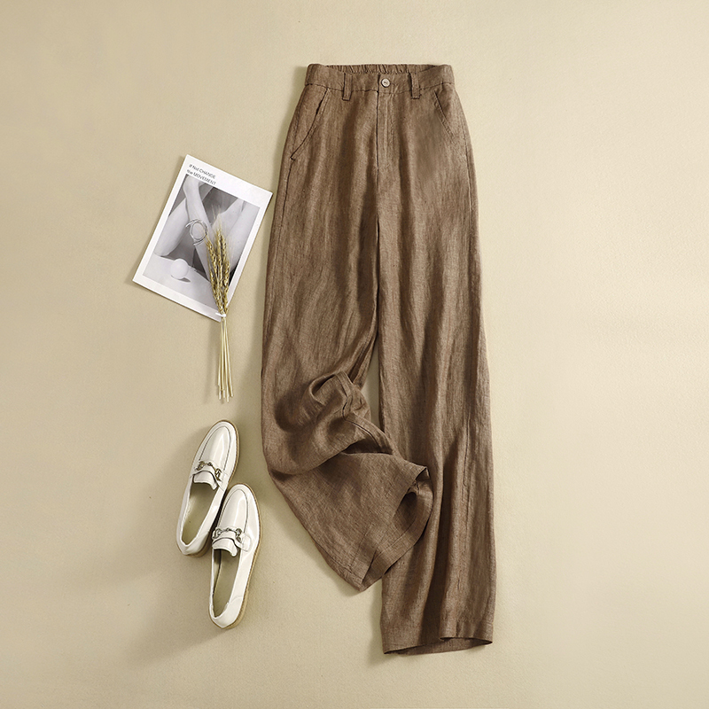 Spring new style high-waisted loose slimming cotton and linen straight trousers for women