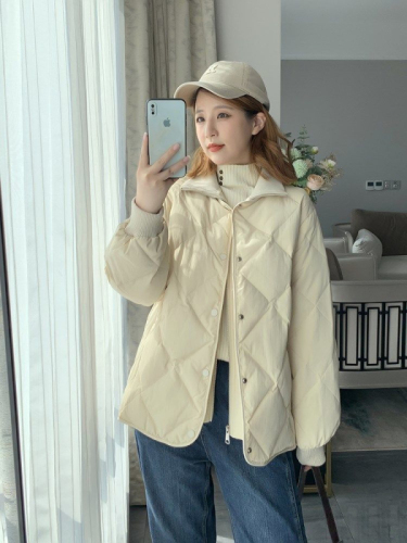 2024 Autumn and Winter Off-White Cotton Clothes Diamond Pattern Splicing Small Short Warm Stand-up Collar Cotton Jacket Coat for Women