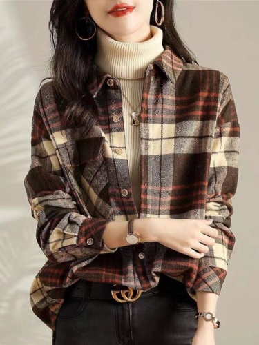 2024 women's new autumn coats, artistic brushed plaid casual loose mid-length tops