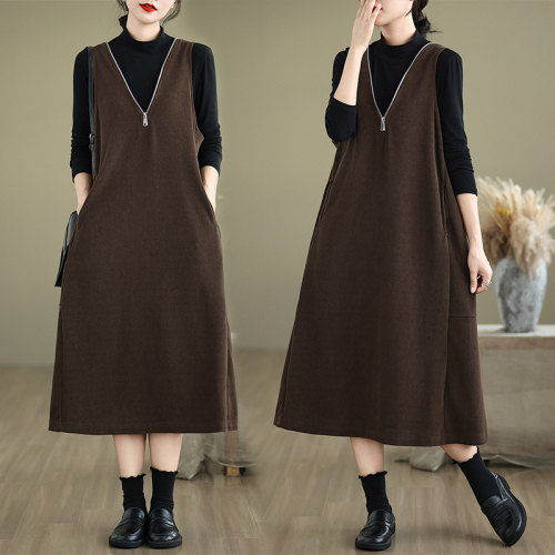 Autumn and winter loose large size V-neck versatile mid-length dress for women casual women's vest dress jacket