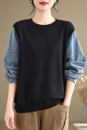 Autumn new denim patchwork sweater, lazy style gray sweater design fake two-piece top