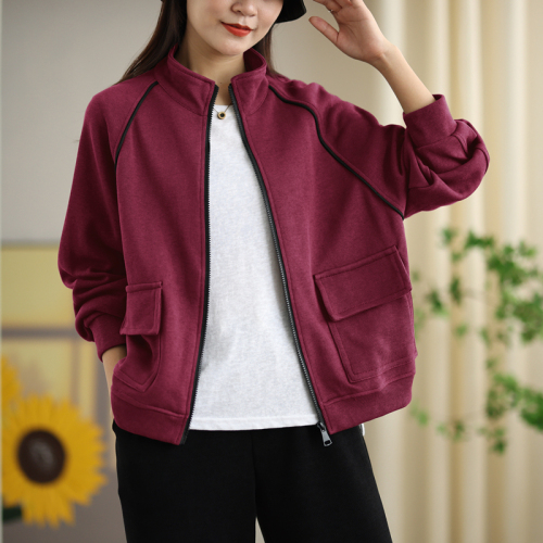 2024 Autumn Popular Color Angora Red Loose Large Size Stand Collar Sweatshirt Big Pocket Jacket for Women