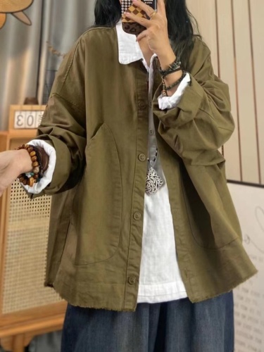 2024 new high-density twill large size cotton short jacket retro yarn-dyed outer long-sleeved cardigan