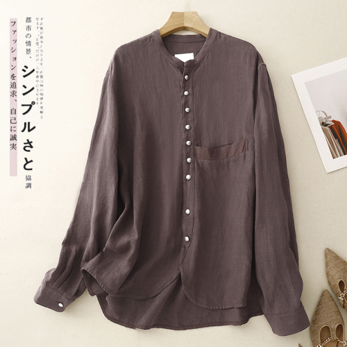 2024 autumn new cotton and linen large size loose big pocket artistic long-sleeved shirt