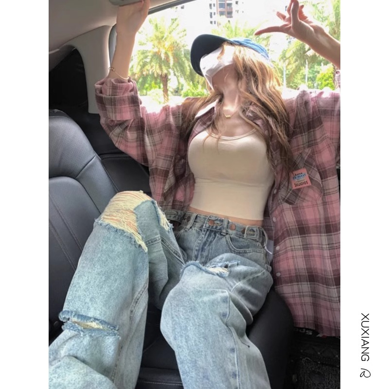 Pink Plaid Shirt Jacket Women's Spring and Autumn New Loose Lazy Style Top Layer