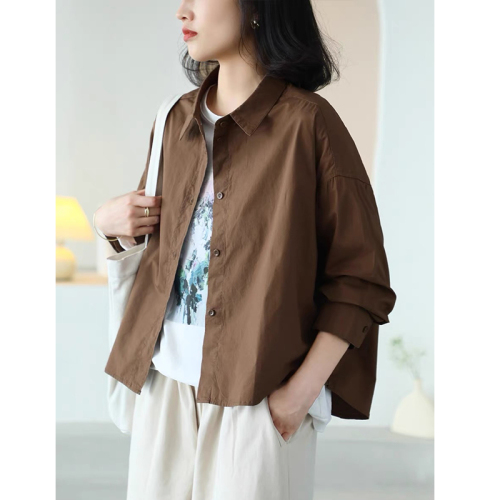 Korean version 2024 autumn pure cotton shirt jacket women's lapel casual versatile loose slim long-sleeved shirt for women