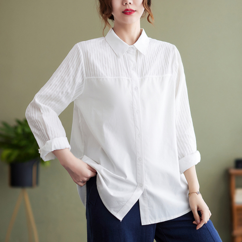 White cotton and linen shirt for women plus size plus size 200 pounds fat mm pure cotton literary versatile shirt trendy