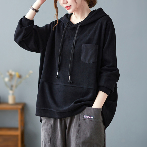 2024 Autumn New Literary Retro Pocket Casual Hooded Sweatshirt Versatile Loose Large Size Top