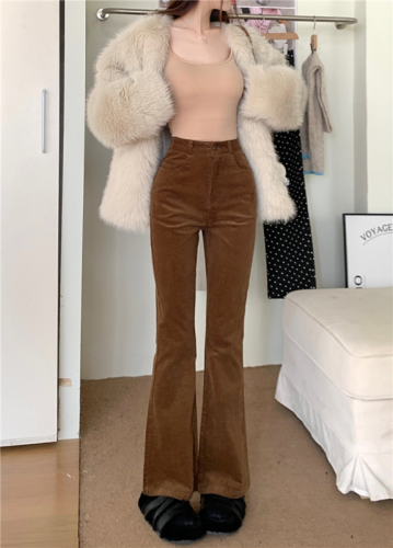 Real shot!  Brown brown straight-leg pants for women in autumn and winter high-waisted loose corduroy micro-flared pants trendy trousers