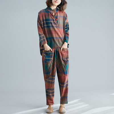 New loose large size two-piece suit with flesh-covering temperament and western style plaid casual fat mm cotton and linen suit