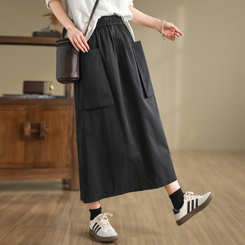 2024 Autumn Casual and Versatile Mid-Length Style Slimming Back Slit Cotton Skirt A-Line Skirt