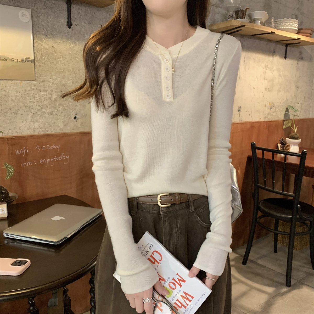 Actual shot of autumn and winter Korean style round neck button versatile simple 6 wool knitted long-sleeved bottoming shirt top