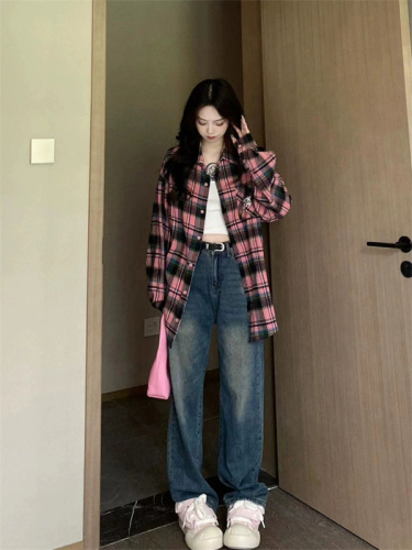 American retro sweet cool plaid long-sleeved shirt for women spring and autumn new design niche loose shirt jacket