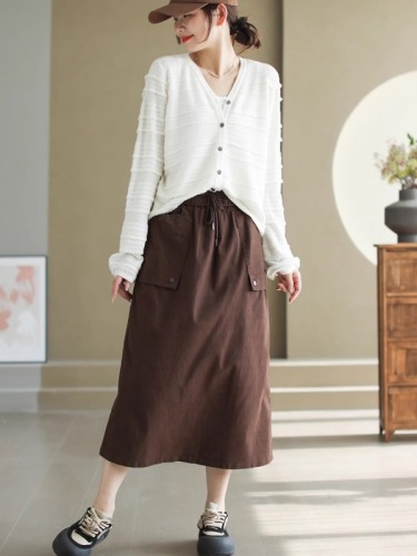 New autumn style simple cotton design skirt women's elastic waist drawstring slit straight skirt