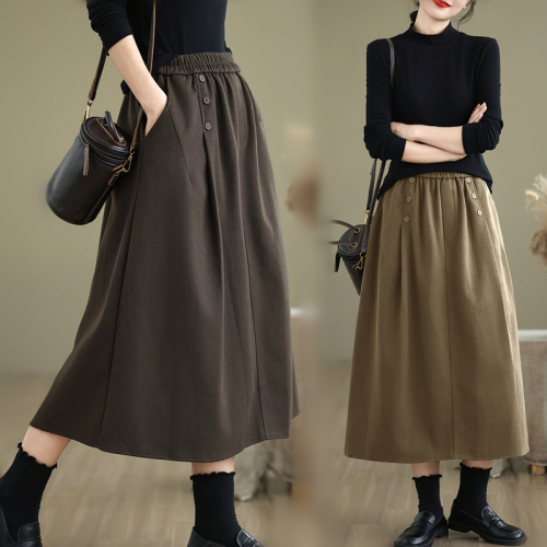 2024 Autumn and Winter Retro Woolen Loose Large Size Skirt Women's Elastic Waist Mid-Length A-Line Skirt