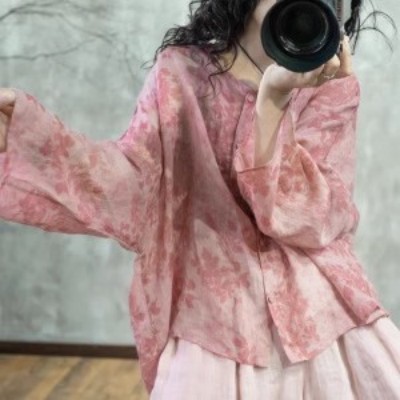 Autumn new thin ramie gentle rose print loose temperament elegant age-reducing shirt