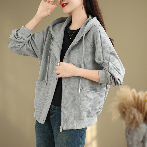 Silk cotton gray hooded jacket for women 2024 new autumn hot style casual simple versatile top