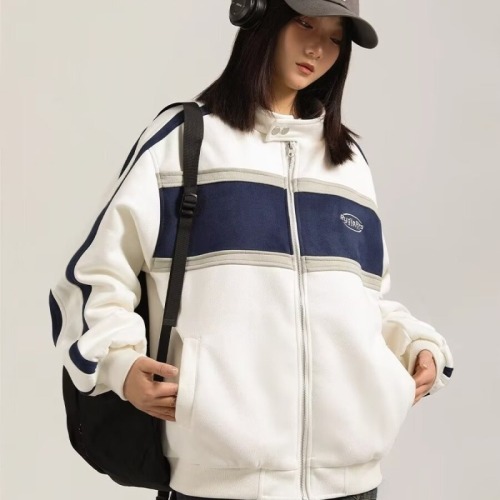 American retro college loose contrast striped sports jackets for men and women spring trendy brand stand collar jackets