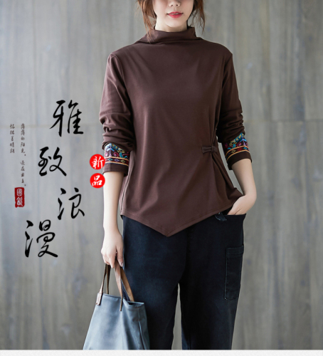 2024 Autumn Retro Embroidered Disc Button Stretch Cotton Long Sleeve Bottoming Shirt Loose Large Size T-Shirt