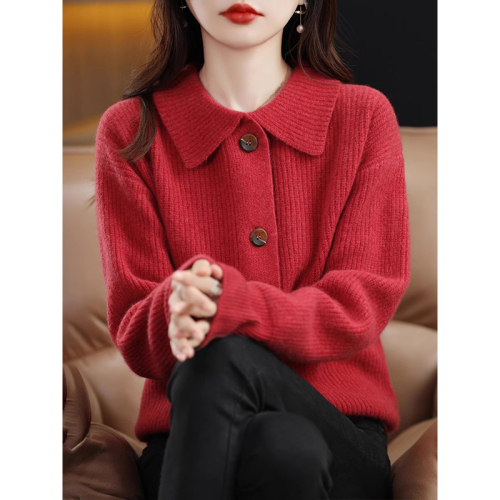 Wool cardigan women's 2024 autumn and winter new style doll collar loose lazy style cashmere knitted thickened jacket