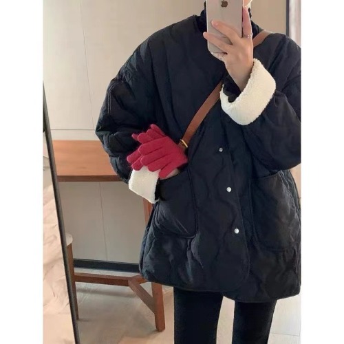 Lamb wool light and thin ins autumn and winter new Korean version loose small fragrant style rhombus warm little women's cotton clothing