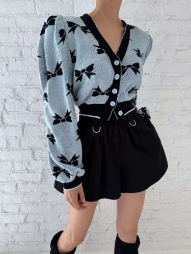 South Korea Dongdaemun Puff Sleeve Knitted Sweater Women's Cardigan Bow Print Long Sleeve Knitted Sweater Women's Short Jacket