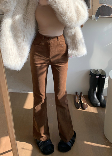 Real shot!  Brown brown straight-leg pants for women in autumn and winter high-waisted loose corduroy micro-flared pants trendy trousers