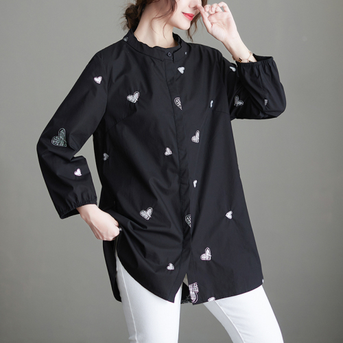 Embroidered black shirt for women 2024 autumn new style artistic retro long-sleeved shirt mid-length