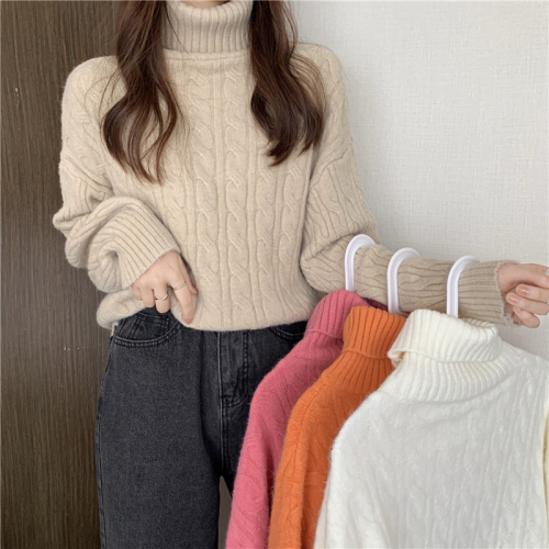 Real shot Korean style new style high collar thickened twist loose versatile sweater top jacket for women