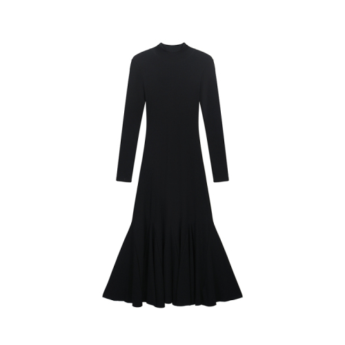 Real shot of 2024 autumn and winter new half-high collar dress for women, slim fit inner a-line fishtail skirt, long bottoming skirt