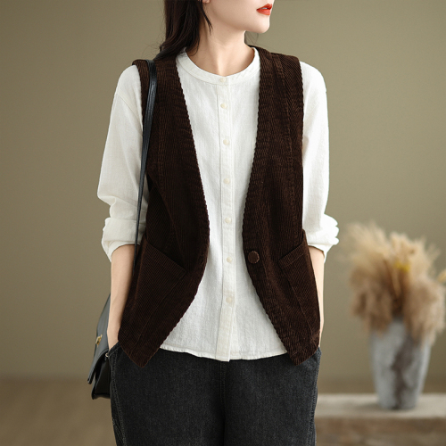 Solid color V-neck corduroy vest for women new 2024 autumn new suit vest jacket