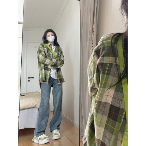 Korean style lazy style green plaid shirt for women spring and summer long-sleeved loose Polo collar temperament casual sun protection shirt trend