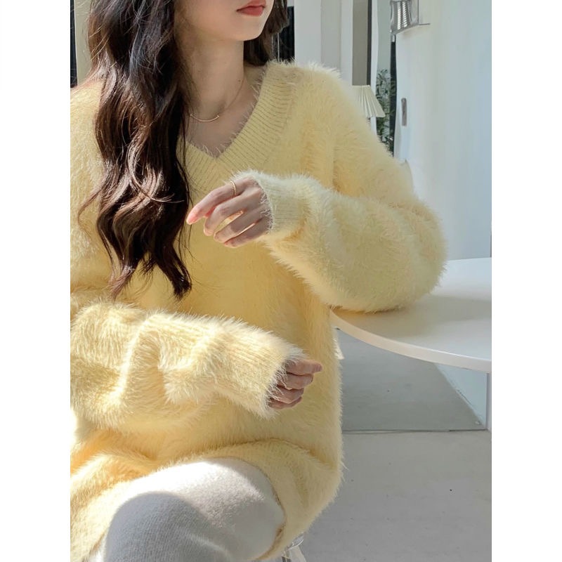 Women's Cream Yellow Mink Fur V-Neck Sweater for Autumn/Winter, Loose and Gentle Sloppy Style Hooded Knit Top for Outerwear