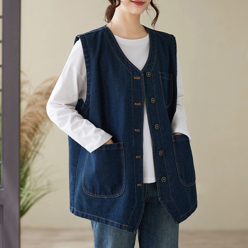 Japanese retro multi-pocket workwear denim vest loose casual top short coat vest