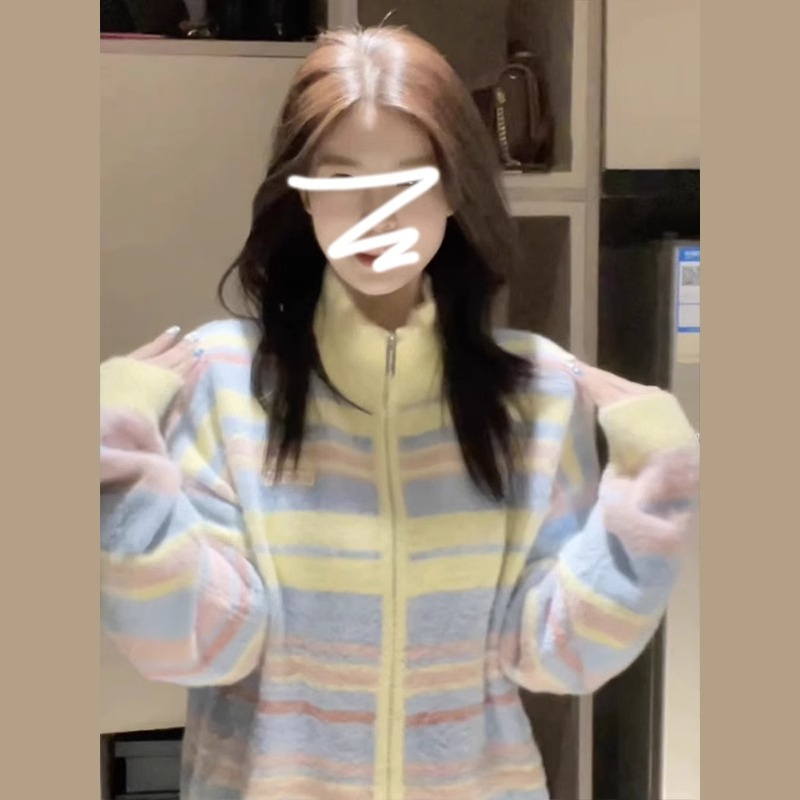 Official picture mink velvet long-sleeved tops sweaters women's bottoming shirts trendy autumn and winter striped cardigans coats warm sweaters