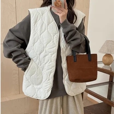 Korean style rhombus retro cotton vest for women autumn and winter new loose sleeveless vest outer vest jacket