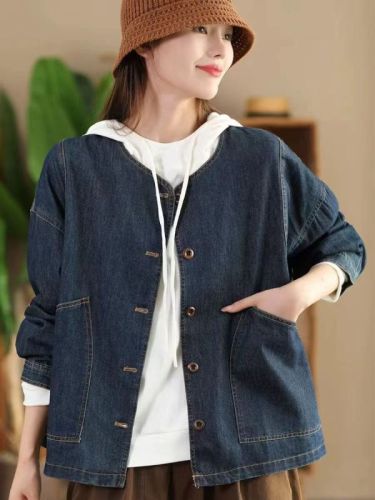 Autumn soft cotton denim jacket women's fashionable large pocket loose outer top casual cardigan