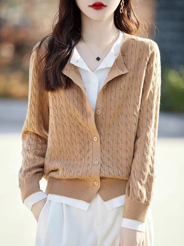 Retro twist contrast fake two-piece knitted cardigan women's sweater French layered high-end top