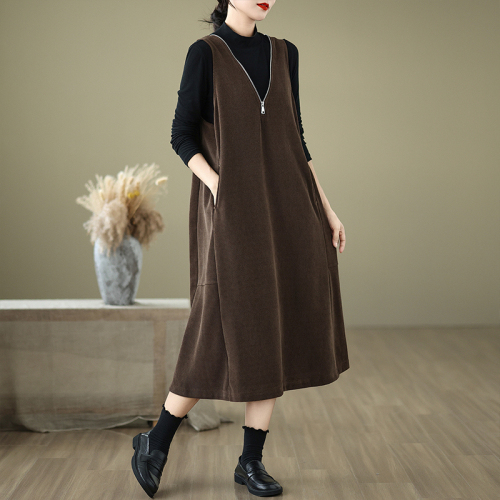 Autumn and winter loose large size V-neck versatile mid-length dress for women casual women's vest dress jacket