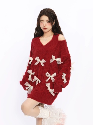 South Korea's Dongdaemun off-shoulder New Year's shirt red bow sweater women's design lazy style sweater trend