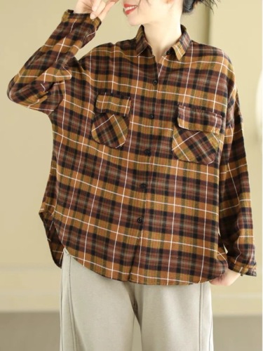 2024 new autumn retro cotton and linen long-sleeved shirt for women yarn-dyed brushed plaid irregular single-breasted bottoming shirt